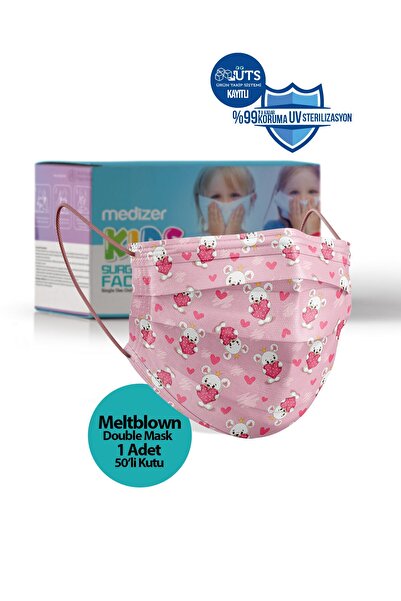 Medizer Pembe Ayıcık Desenli 3 Katlı Meltblown Ultrasonik Cerrahi Çocuk Maskesi 50 Adet Telli
