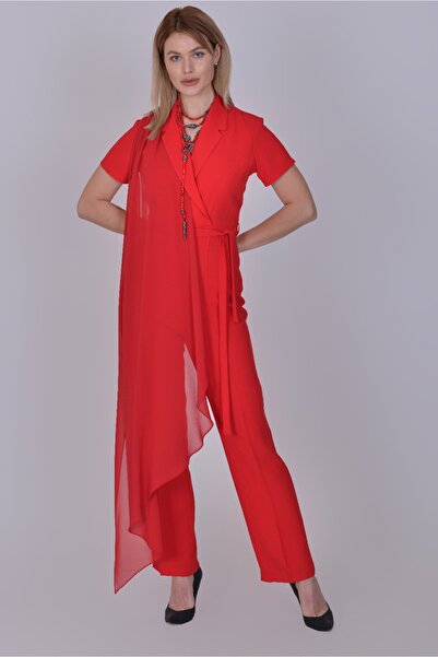 Unichic Urbam Kadın Kırmızı Ceket Yaka Detaylı Pelerinli Tulum