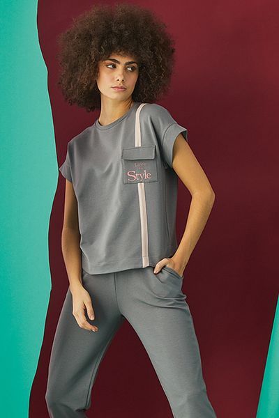 GİZZEY Women's Gray Printed Pajama Set 20598