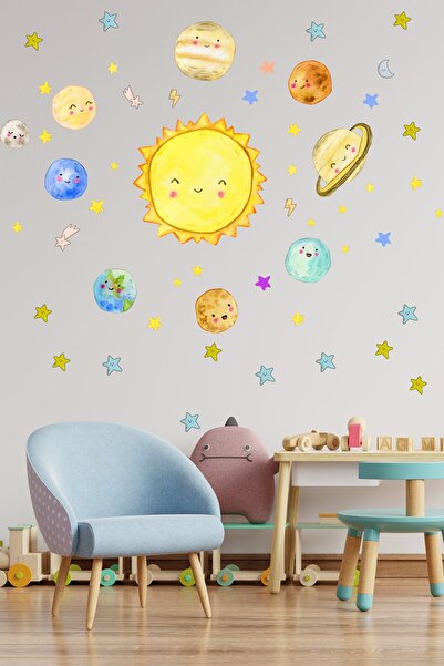Genel Markalar Sevimli Gezegenler Sulu Boya Güneş Sistemi Duvar Sticker Seti