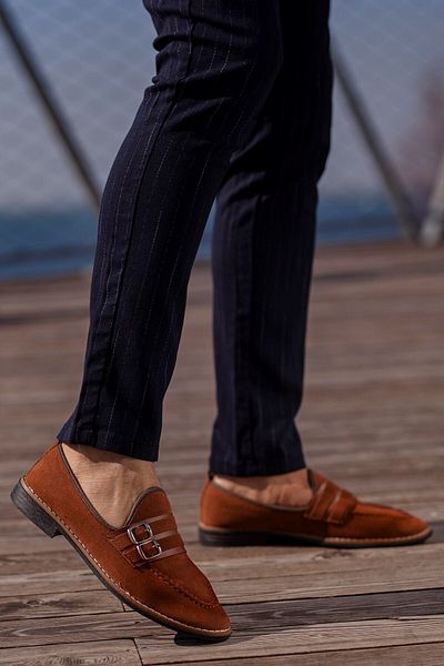 tomms Men's Loafer Tan Suede Double Buckle Shoes-010