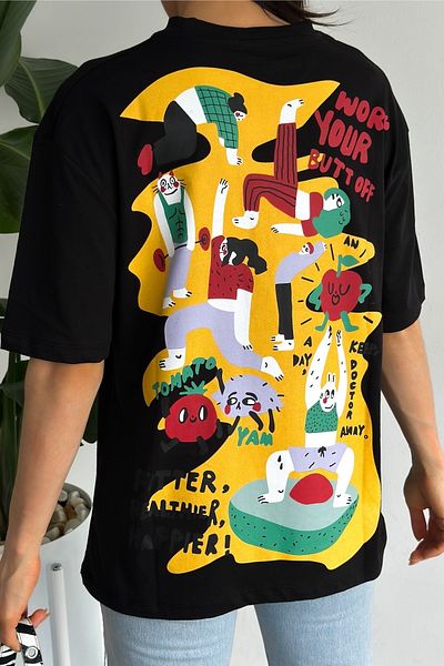FEMELLE Tricou negru din bumbac oversize, imprimat la spate, nou sezon