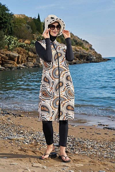 Ruko Maio Women's Long Sleeve Zippered Lycra Long Ecru Full Hijab Swimsuit 2c3t1n17-7