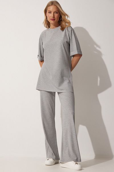 Happiness İstanbul Graues Set aus Oberteil und Unterteil aus Stretch-Strick für Damen KH00086