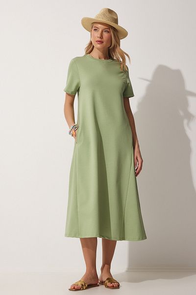 Happiness İstanbul Grünes A-Linien-Sommerkleid für Damen aus gekämmter Baumwolle UB00060