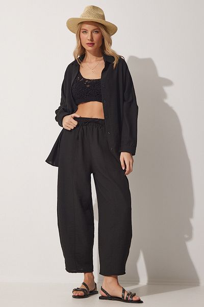 Happiness İstanbul Schwarzes Leinenhemd- und Baggy-Hosen-Set für Damen DZ00080