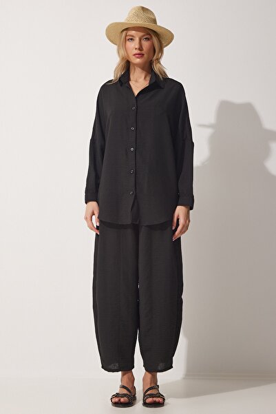 Happiness İstanbul Női fekete vászoning táskás nadrág szett DZ00080