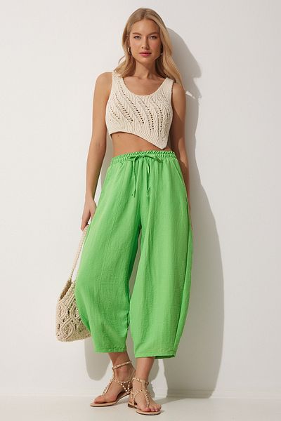 Happiness İstanbul Pistaziengrüne Leinen-Shalwar-Hose für Damen DZ00081