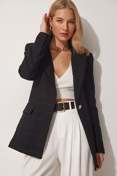 Happiness İstanbul Jachetă din tweed blazer cu nasturi negre pentru femei WF00023