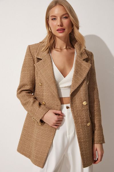 Happiness İstanbul Damen Blazer Tweedjacke mit Knöpfen in dunklem Keksbraun WF00004