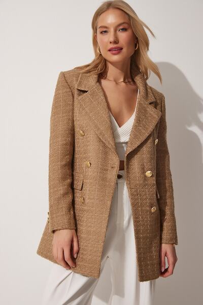 Happiness İstanbul Dámská tvídová bunda WF00004 se zapínáním na knoflíky a tmavé sušenky
