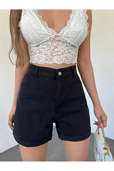 BosFonis Kadın Mom Kalıp Yıkamalı Siyah Denim Kot Şort