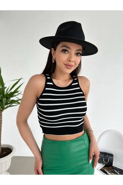 Beli Lastikli Çizgili Triko Crop
