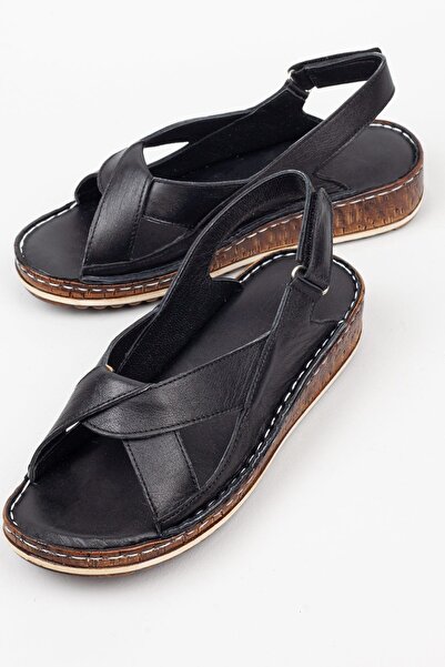 Adım Adım Women's Genuine Leather Orthopedic Black Sandals