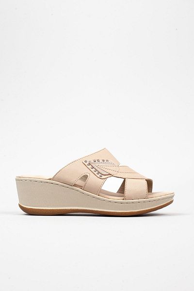 Adım Adım Women's Genuine Leather Wedge Heeled Orthopedic Beige Slippers