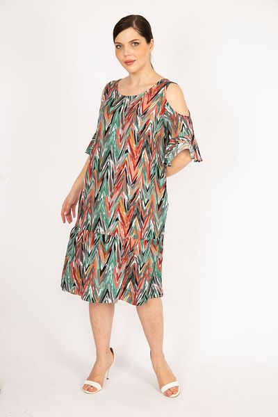 Şans Women's Green Large Size Off-Shoulder Woven Viscose Fabric Side Pocket Dress 65n36068