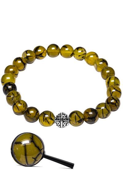 Tesbih Atölyesi Certified Veined Green Dragon Agate Stone Bracelet (WITH SILVER DEVICE)
