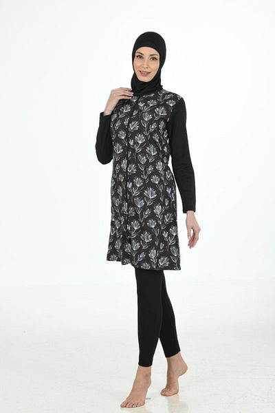 Fantasy Flower Patterned Parachute - Lycra Black Hijab Swimsuit 3353