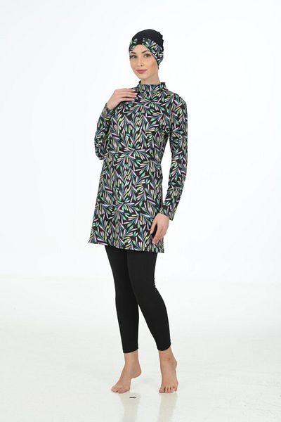 Fantasy Lycra Plant Patterned Stand Collar Black Hijab Swimsuit 3314