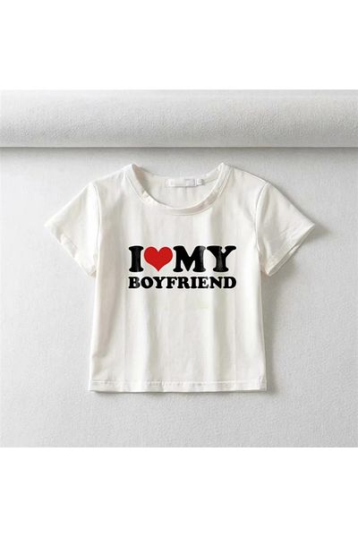 Touz I Love My Boyfriend Printed White Crop