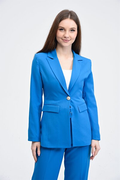 SİZ Saks Mavi Tek Düğme Ceket Kemerli Cepli Palazzo Pantolon Takım