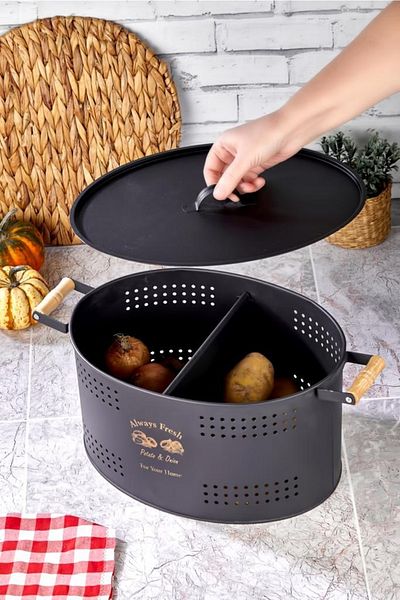 Bayev Black Wooden Handle Potato Onion Storage Box with Lid Patterned Metal Bread Storage Box