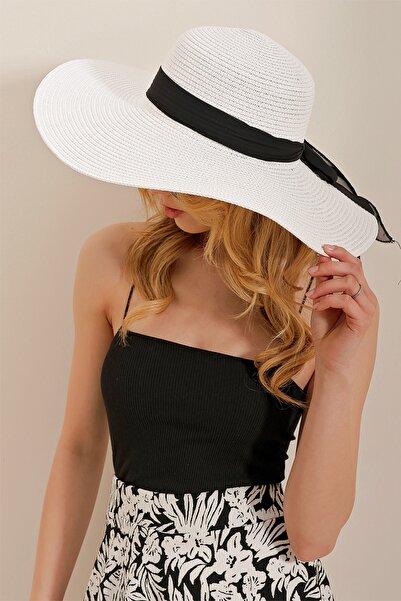 Trend Alaçatı Stili Dámská bílá mašle s detailním širokým slaměným kloboukem ALC-X10184
