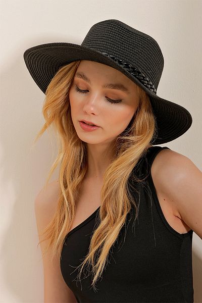 Trend Alaçatı Stili Woman's Black Chain Detailed Wide Straw Hat ALC-X10183
