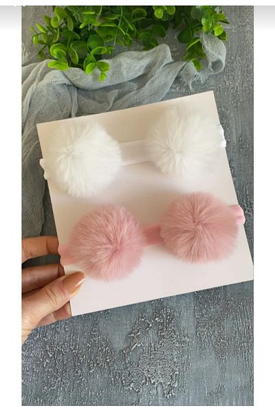 ESES BEBE Baby Girl Pachet 2 Alb - Banda de păr cu pompon pudră