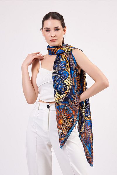 Nomads Felt 100% Silk Shawl Scarf| Mandala Pattern| 140 cm| Blue