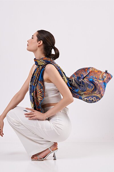 Nomads Felt 100% Silk Shawl Scarf| Mandala Pattern| 140 cm| Blue