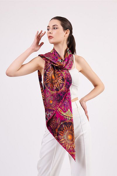 Nomads Felt 100% Silk Shawl Scarf| Mandala Pattern| 140 cm| Fuchsia