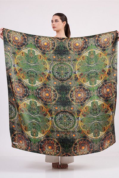 Nomads Felt Khaki 100% Silk Mandala Patterned Shawl Scarf - 140 cm