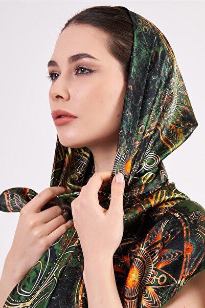 Nomads Felt Khaki 100% Silk Mandala Patterned Shawl Scarf - 140 cm