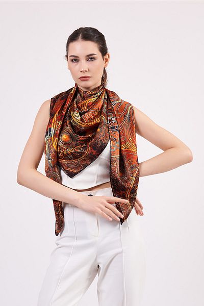Nomads Felt Brown Mandala Patterned Shawl Scarf - 140 Cm, 100% Silk