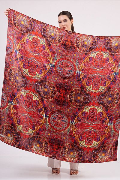 Nomads Felt 100% Silk Shawl Scarf| Mandala Pattern| 140 cm| Red