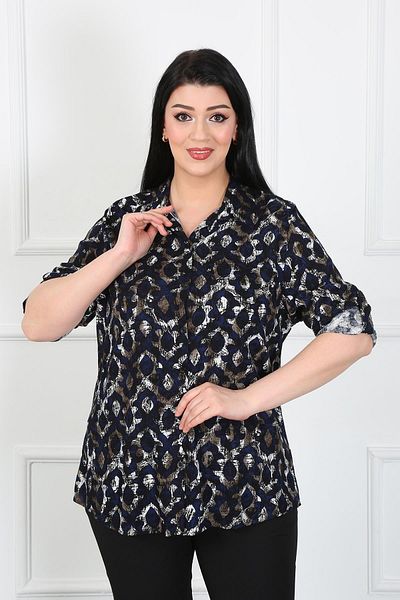 By Alba Collection Women's Navy Blue Patterned Cotton Viscose Large Size Shirt