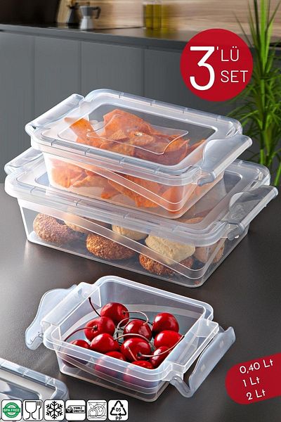 Nandy Home Set of 3 Locked Rectangular Unbreakable Storage Container 0.40/1/2 Lt Transparent