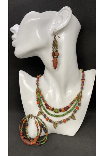 Porsuk Alternatif El Yapımı Etnik Otantik Hippi Bohem Kolye Küpe Bileklik Set