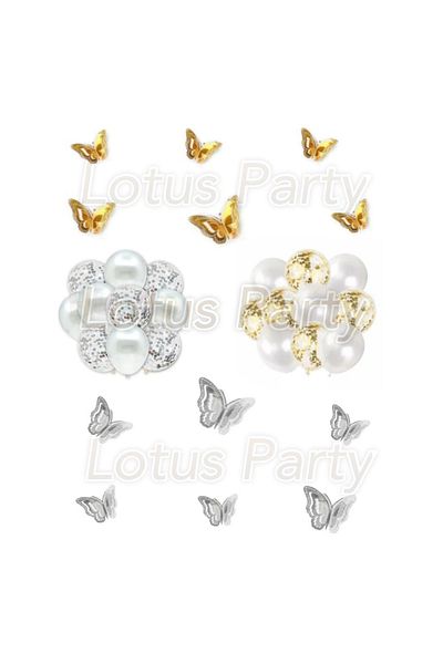 LOTUS PARTY مجموعة بالونات الحفلات تحت عنوان الفراشة - بالون أبيض شفاف بالون فضي و طوابع ذهبية - فراشة ذهبية وفضية