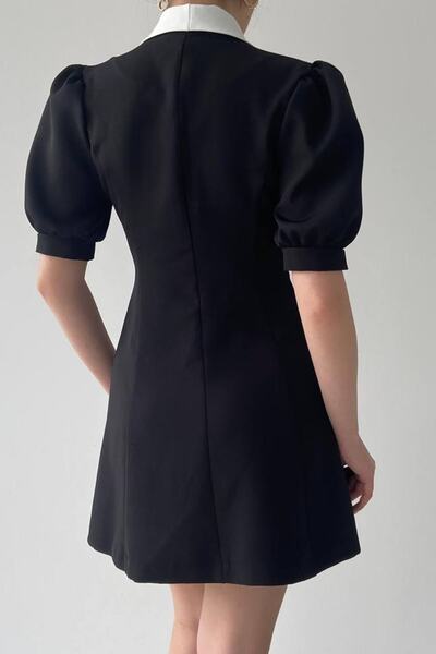 lovebox Atlas Fabric Jacket Dress Design Wide Collar Short Sleeve Black Jacket Dress Black Evening Dress 154