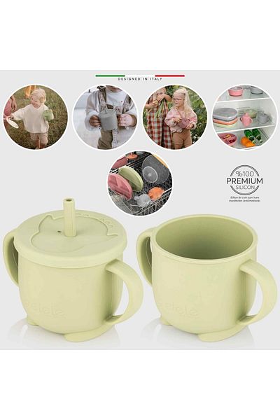 Elele 2in1 Silicone Baby Drinking Cup with Handle and Straw Green