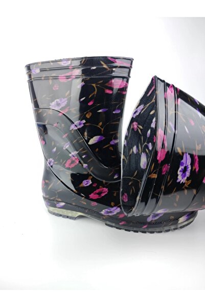 MODVALU Kadın Mor Renk Çiçekli Iş Bağ Bahçe Yağmur Çizmesi