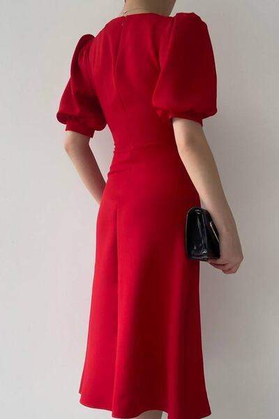 Secret Passion Lingerie Női pamut Atlasz szövet gomb részletes V-nyakú rövid ballon ujjú Midi hosszúságú, csengőre vágott piros ruha 153