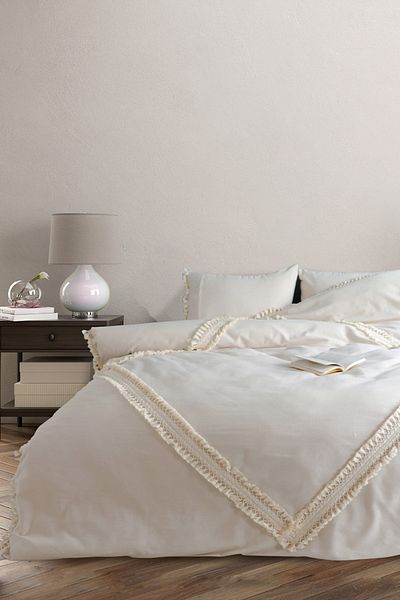 NDC HOME Raw Linen Diamond Pattern Double Pompom Single Duvet Cover Set