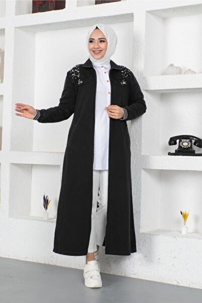 benguen 7808 Pearl Detailed Long Denim Cap Black