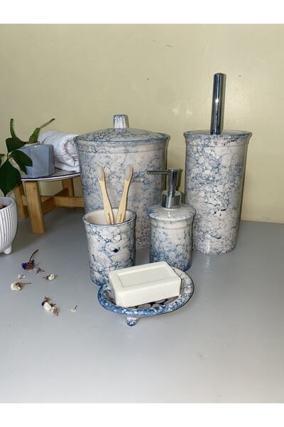 RED SERAMİK Dara Collection 5 Piece Bathroom Set Transparent-Blue Marble Pattern