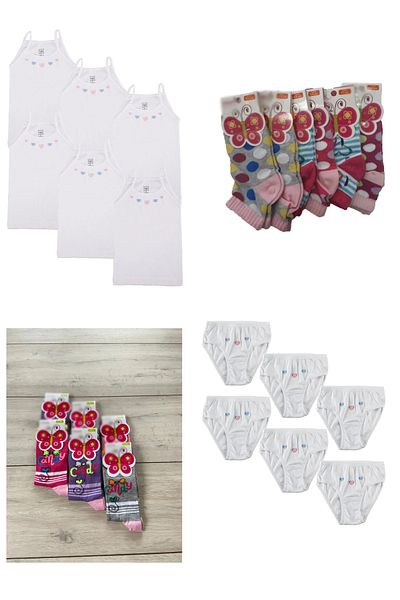 Tutku Girl's Undershirt with Rope Strap Undershirt Girl Slip 6 Pieces Booties Socks 6 Pieces Socket Socks Set