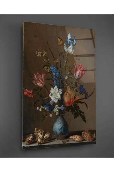 TAULART Tablou de sticlă cu scoici de mare și flori într-o vază