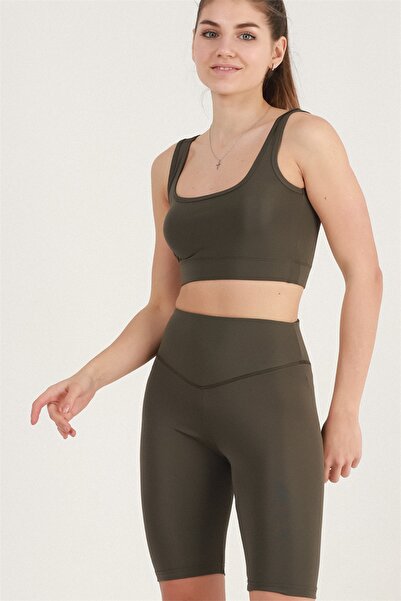 missmaral Kadın Haki Renk Biker Spor Şort Tayt Ve Büstiyer Takım 2'li Set Mevsimlik Yüksek Bel Bikers-bra 1307